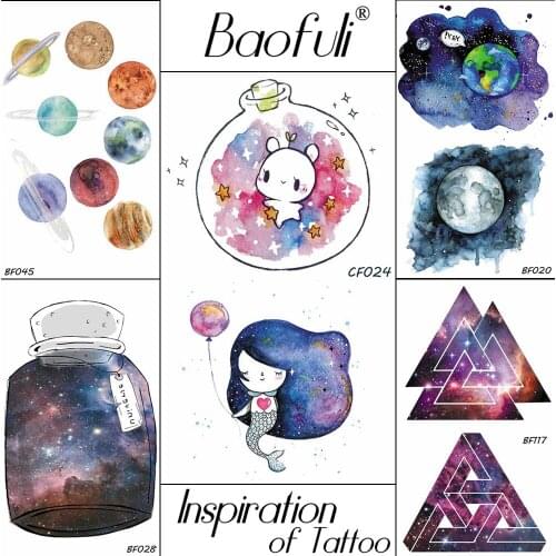 Baofuli Bulb Rabbit Cartoon Temporary Tattoo Galaxy Painting Art Tatto Watercolor Fake Tattoos Planet Ballon Mermaid Star Girl