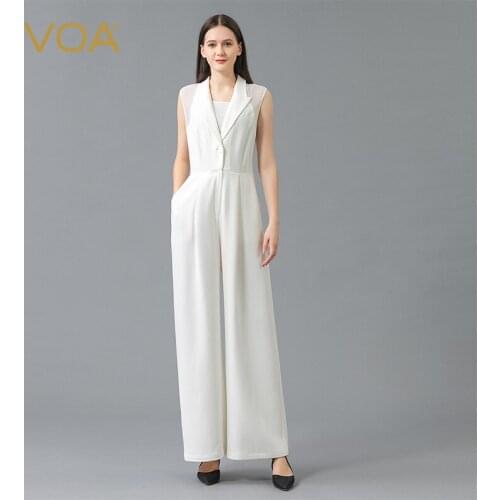 VOA 100% Silk 60m/m White Thick Sleeveless Georgette Stitching Single Button Pocket Zipper Office Ladies Jumpersuit Women KE565