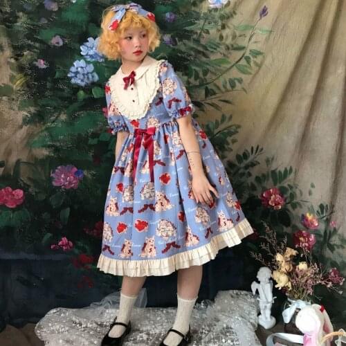 Japanese Harajuku Sweet Lolita *Wish Cat* Kawaii Printing Dress Girls Kawaii Bow Party Blue/Green Princess Tea Party Dresses