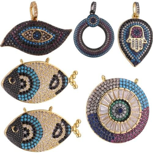 DIY Jewelry Components Evil Eyes Fish Hamsa Charms Pendants Inlaid Full Zircon Connector Necklace Accessories Bracelets Finding