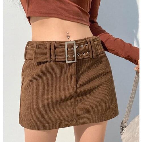 Women Sexy Mini Skirt Elegant Belt Bodycon Slim Ladies Retro Short Corduroy Skirts Female Club Outfits Clubwear Fashion Y2k