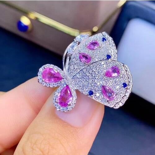 Grace Butterfly fly natural pink sapphire gem brooch Pendant natural gemstone pendant Two uses S925 silver lady party jewelry