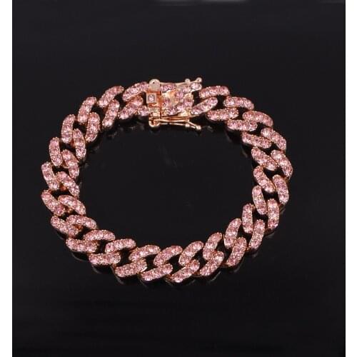 Rose gold pink crystal womens bracelets mens hip hop miami cuban link curb chain 12mm silver color iced out rapper punk singer