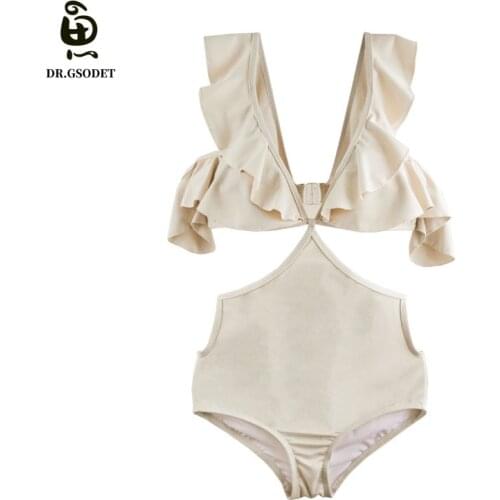 GSODET Swimsuit 2021 New Women Summer Beige Solid Ruffle Unique Design Lovely Sexy Swimwear Bathing Suit Bikini Beachwear