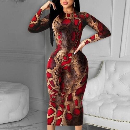 2020 Women Fashion Elegant Sexy Snakeskin Long Sleeve Skinny Midi Dress Casual Sexy Round Neck Long Sleeve Dress