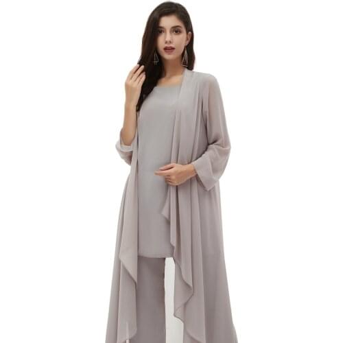 2022 Gray Womens 3 pieces Ruffles Chiffon Mother of The Bride Dress pants suit Long Sleeve With Jacket Outfit For Wedding Groom