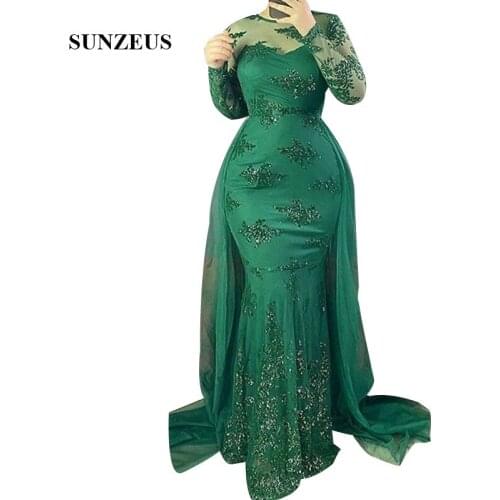 2020 Fall Long Sleeves Mermaid Womens Evening Dresses Green Formal Gowns Sequins Appliques Party Dress Floor Length