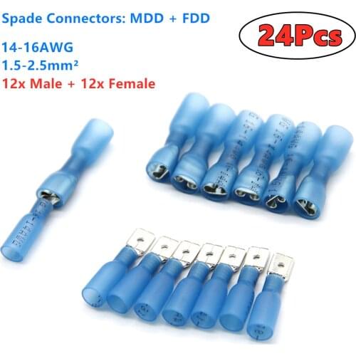 24PCS Insulated Spade Crimp Terminal Female Male Wire Connector 1.5-2.5mm Electrical Wire Cable Connecors