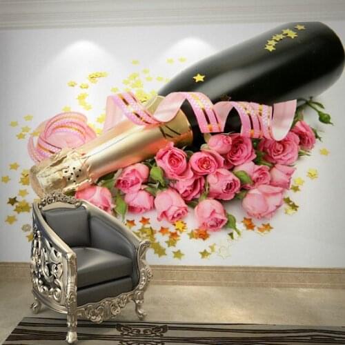 Bacaz Large Mural Champagne Bubbly&Pink Rose Flower 3d Photo Murals Wallpaper for Kitchen Room TV Background 3d Wall coverins