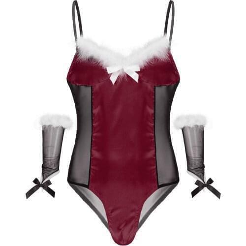 Men Sissy Mesh Satin Patchwork Bodycon Bodysuit Christmas Cosplay Costumes Feather Jumpsuits Leotard with Oversleeve Erotic Set