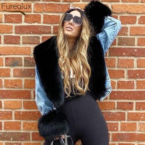 FUREALUX Real Fox Fur Coats With Denim Jacket Natural Big Fox Fur Collar Female Overcoats Warm Winter High Quality Fur Coat
