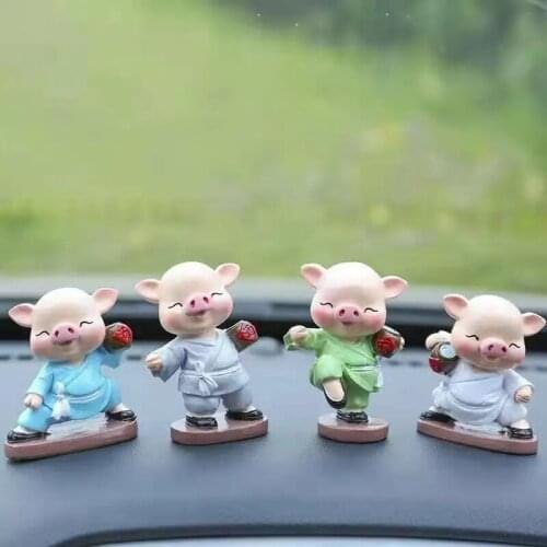 4pcs New Zakka Groceries Cartoon Decoration Car Ornaments Christmas Gifts Resin Drunken Fist Alcoholic Pig Auto Supplies