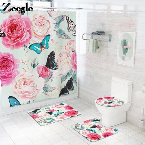 Toilet Carpet Rug Bath Mat and Shower Curtain Set Pastoral Style Bathroom Carpet Anti-slip Floor Mat for Toilet Shower Room Rug