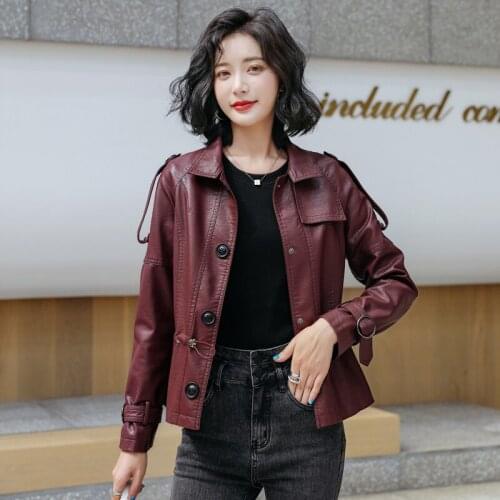 2021 Spring Autumn Faux Pu Leather Jackets Women Button Outerwear Pocket Coat Slim Biker Jacket Khaki Black Womens Clothing