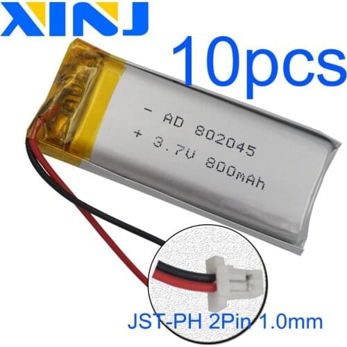 XINJ 10pcs 3.7V 800mAh Li Polymer Battery 2pin 1.0mm plug 802045 For bluetooth speaker Camera PDA Car navigation DVR DVC MP4 GPS