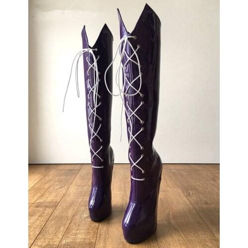 2019 New Purple Shiny Lace Up High Boots Women Plus Size Shoes Sexy Hoof Heelless Sailor Moon Cosplay Anime Extreme Heels