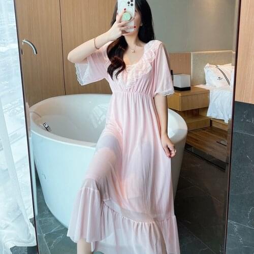 2021 New Summer Short Sleeve Sexy Lace V-neck Modal Nightgowns for Women Long Dress Sleepwear Night Dress Nightdress Home Nighty