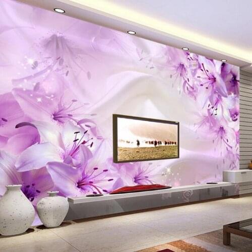 Custom Wall Cloth 3D Stereo Purple Flower Silk Wallpaper Living Room Wedding House Romantic Backdrop Wall Mural Home Decor Rolls