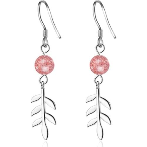 Pink crystal leaves fresh and exquisite personality sweet fashion trend wild long silver plated earrings IR034