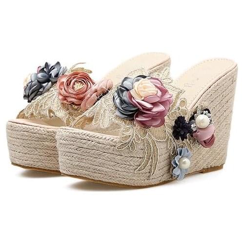 Carpaton Beautiful Flower Decorations Rope Braided platform Sandal Peep Toe PVC Patchwork Pearls Beaded Wedge Slides Summer Shoe