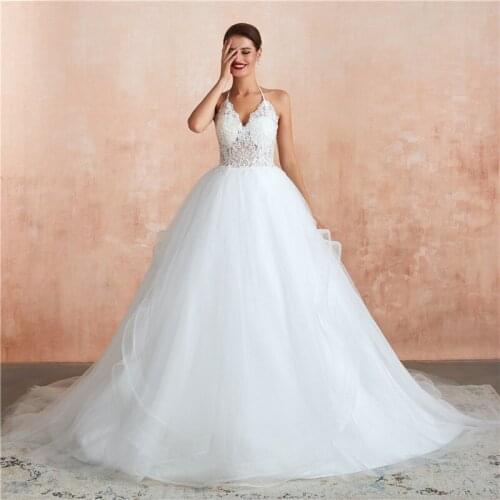 Sexy Halter Lace Appliques A-Line Wedding Dress Backless Tulle Custom Women Bridal Gowns Plus Size Spring