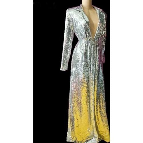 Silver Sequin Lengthening Coat Fashion No Buttons Cloak Overcoat Sexy Female Singer Concert Performance Stage Wear Dance Costume