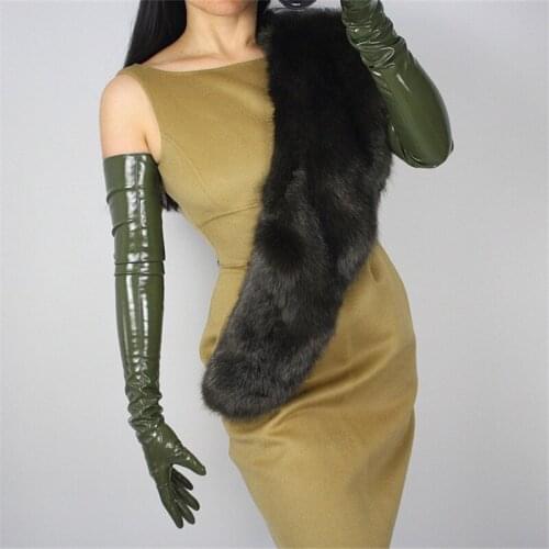 2020 Womans Gloves Patent Leather PU Gloves Female Army Green Simulation Leather Bright Leather Dance Party Cosplay P1370-10