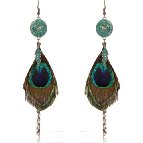 New Hot Ethnic Simple Retro Leaves Green Leaf Earrings Nature Stone Long Tassel Peacock Feather Earrings For Women Brincos 2020