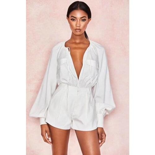 Women 2021 Sexy Deep V-neck Lace-up Lantern Long Sleeve Playsuits Women Solid White Color Playsuit