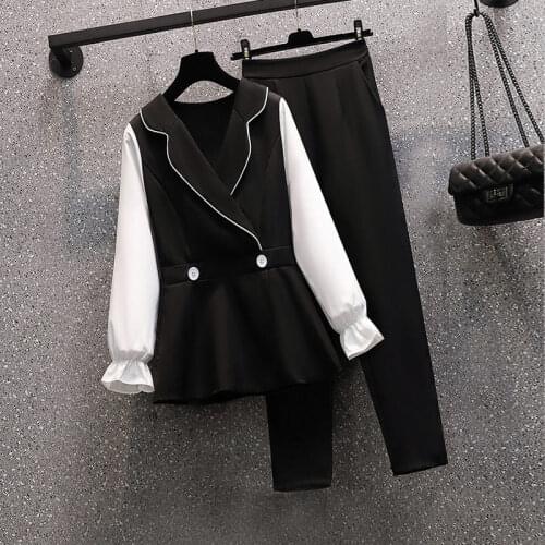 Women 2021 Early Autumn New Two-piece Sets Female Long Sleeve Patchwork Pullover Shirts Ladies Loose Straight Pants Suits P160