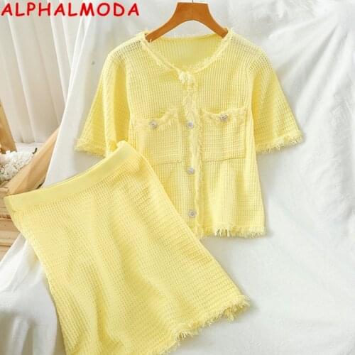 ALPHALMODA New Skirt Suit 2020 Short Sleeve Slim Two-Piece Knitted Skirt Sets High Waist Tassel Fashion Suit