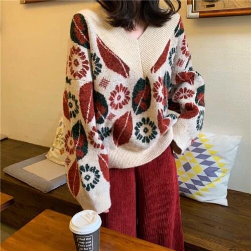 Women Autumn V Neck Flower Wool Sweater Coat Oversize Full Sleeve Knitted Pullovers Jumpers