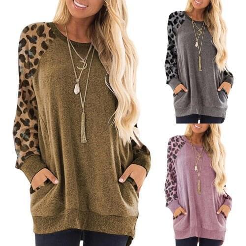Women Leopard Patchwork Long Sleeve Sweatshirt Pullover Shirts Top Blouse
