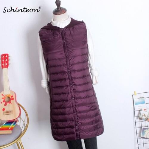Schinteon Women Ultra Light Down Long Vest with Hood Casual Slim Waistcoat 90% White Duck Down Gilet New Arrival 2020