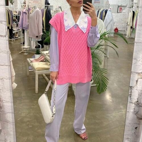MEIYANGYOUNG Pink Sweater Woman V Neck Sleeveless Sweaters Oversize For Women Fashion Womens Knitted Vest Ladies Waistcoat