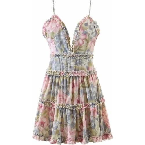 Vacation Sexy V-neck Spaghetti Strap Bohemian Beach Dress 2021 Runway Elegant Ruffles Printed Chiffon Dress Female