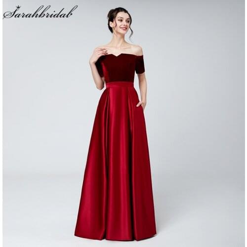 Elegant Evening Dresses Bateau Lace Up A Line Floor Length Prom Gown Short Sleeve Backless Pockets Empire Robe De Soiree 3117