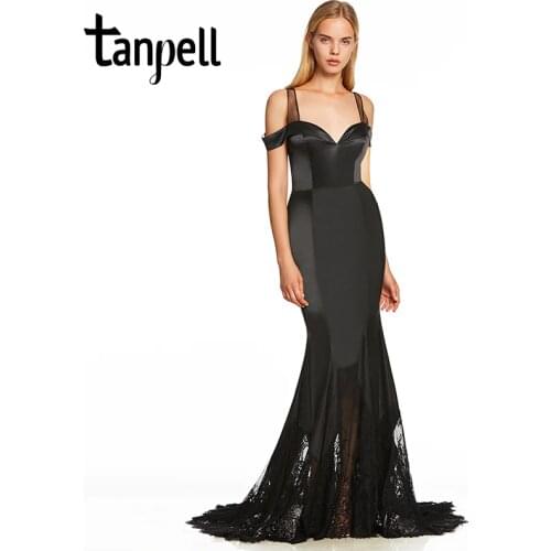 Tanpell straps evening dress black off the shoulder floor length sweep train gown cheap women formal long lace evening dresses