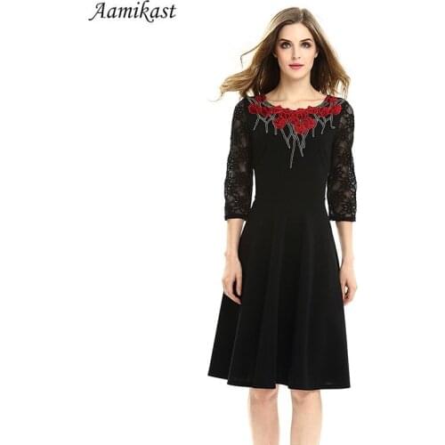 AAMIKAST Summer Women Dress Vintage Embroidery Flower Elegant A-Line Three Quarter Sleeve Dresses Plus Size Feminino Vestidos