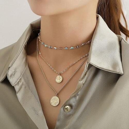 Women Boho Jewelry Punk Metal Coin Pendant Necklace Multilayered Heart Shape Evil Eye Beaded Chain Choker Statement Necklace