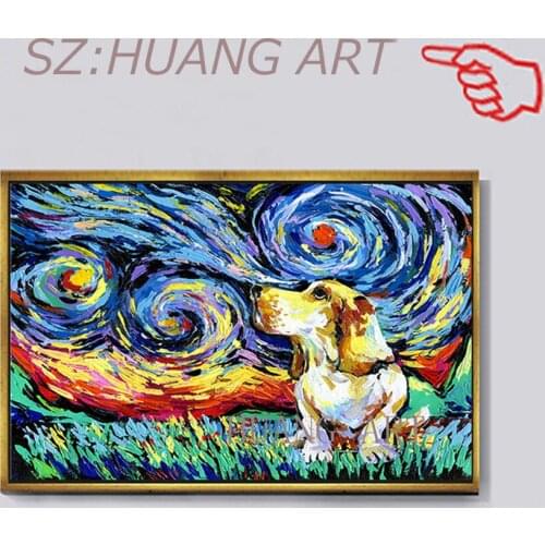Animal oil Painting y Dog An impression of Van Gog in the back groundf or Living Room Home Decor Frame