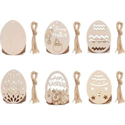 10 Pcs/Set Happy Easter Party Wooden Ornaments Cute Carving Egg Shape Slices Disk with Rope Hanging Pendant Decoration