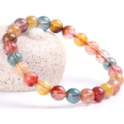 A+ 8" Natural Candy Rutilated Quartz 6-12 Round Bead Stretch Bracelet