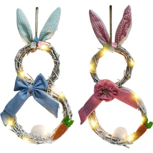 Behogar Easter Bunny Rabbit Front Door Wreath Hanging Ornament Decoration with LED Lights for Easter Party Decor Supplies