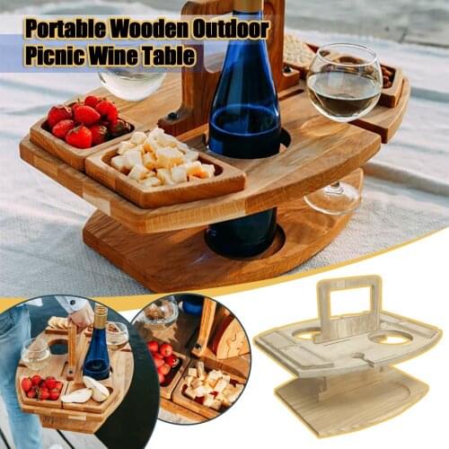 Wooden Outdoor Portable Folding Camping Picnic Table with Glass Holder Wine Rack Tables Tourist Foldable Fruit Table de jardin