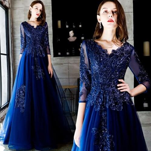 Free shipping navy blue long lady girl women princess bridesmaid banquet party wedding bridal dress gown