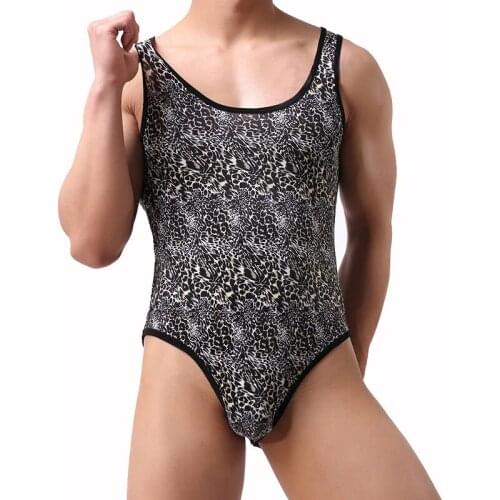 Men Sexy Leopard Bodysuit Wrestling Singlet Fetish Gay Male Jockstrap Underwear Erotic Lingerie Fitness Suit Wild Jumpsuits