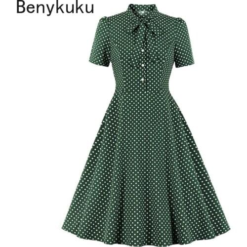 Bow Tie Neck Button Front Polka Dot Pinup 50s Vintage Shirt Dresses Women A-Line Summer Female Elegant Green Dress Woman Clothes