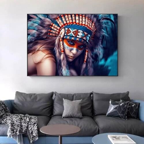 Indian Body Art Canvas Painting Girl With Feather Colorful Pop Art Canvas Prints Portrait Of Indian Wall Picture For Living Room
