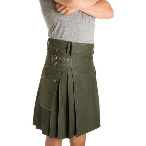 S-5XL Utility Kilt Cargo Phone Pocket Tartan Pleated Skirt Celtic Larp Costume Cotton Bottom Solid Color For Adult Men Plus Size